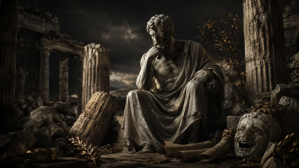 Ancient Greek marble statue among ruins, scrolls and theatrical masks, symbolizing Greek questions about human nature.