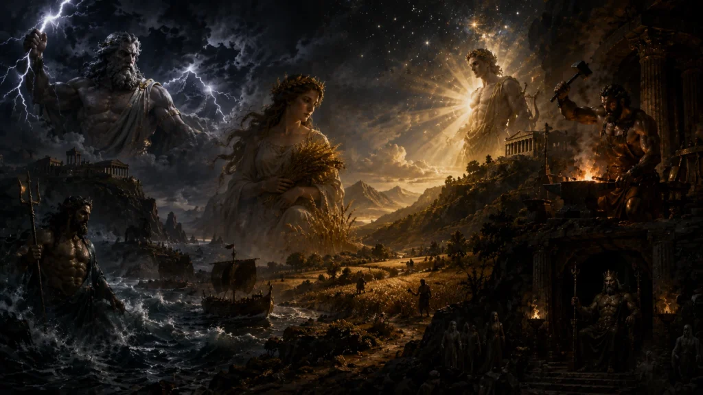Symbolic ancient Greek landscape with lightning, stormy sea, harvest fields, temple fire, divine figures and a dark underworld entrance representing nature and fate.