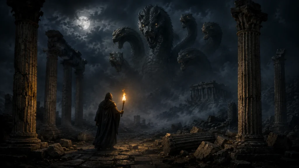 Ancient Greek ruins at night with a cloaked figure facing a many-headed serpent monster in mist and moonlight.