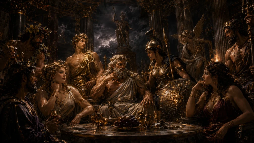 Olympian gods gathered in a dark gilded hall with Zeus, Athena, Apollo, Dionysus, Aphrodite, Hermes and other divine figures lit by gold and firelight.