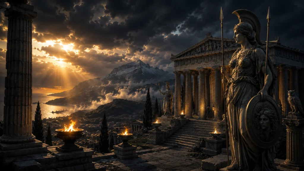 Ancient Greek temple with Athena statue, storm clouds, golden sunlight, and a distant mountain landscape representing Greek mythology.