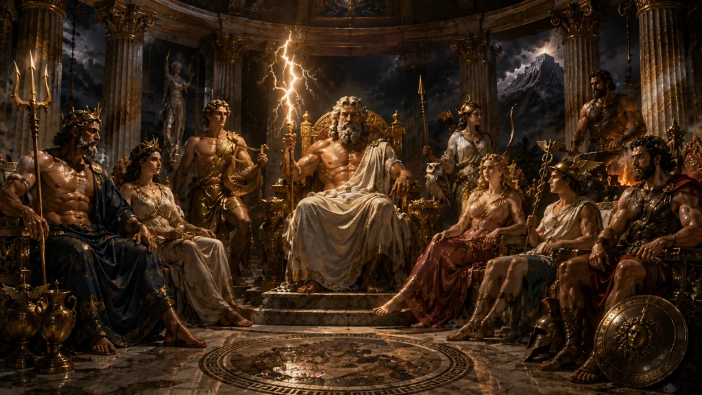 Cinematic council of Greek gods inside a shadowed ancient temple with Zeus on a golden throne, marble columns, stormlight, and Mount Olympus atmosphere.