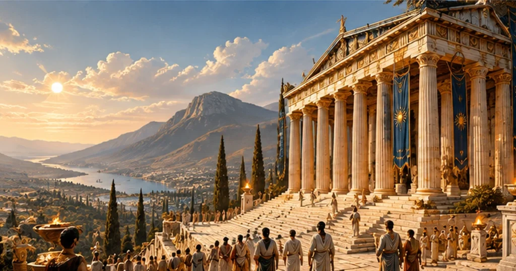 Artistic reconstruction of the Temple of Apollo at Delphi in its ancient splendor, associated with the Greek maxim Know Thyself