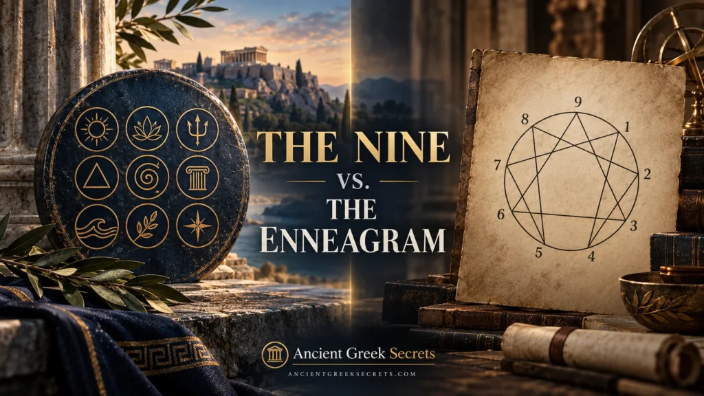 THE NINE framework beside an Enneagram diagram, illustrating a comparison between the two nine-part systems.