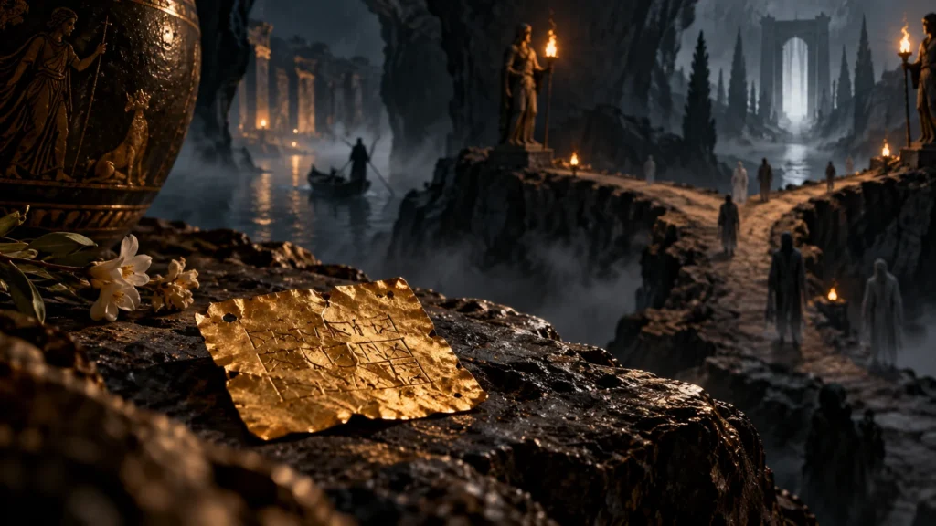 Cinematic illustration of a golden funerary tablet overlooking the ancient Greek Underworld, with shadowy travelers and a distant gateway.