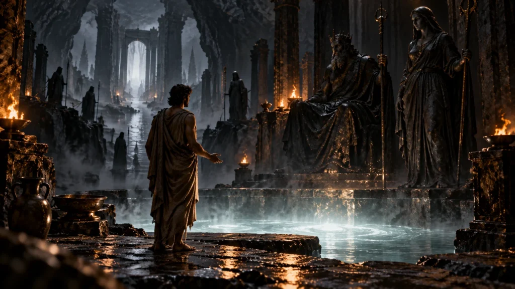 Ancient Greek traveler standing before two imposing guardians beside a glowing pool in a mist-filled Underworld chamber.