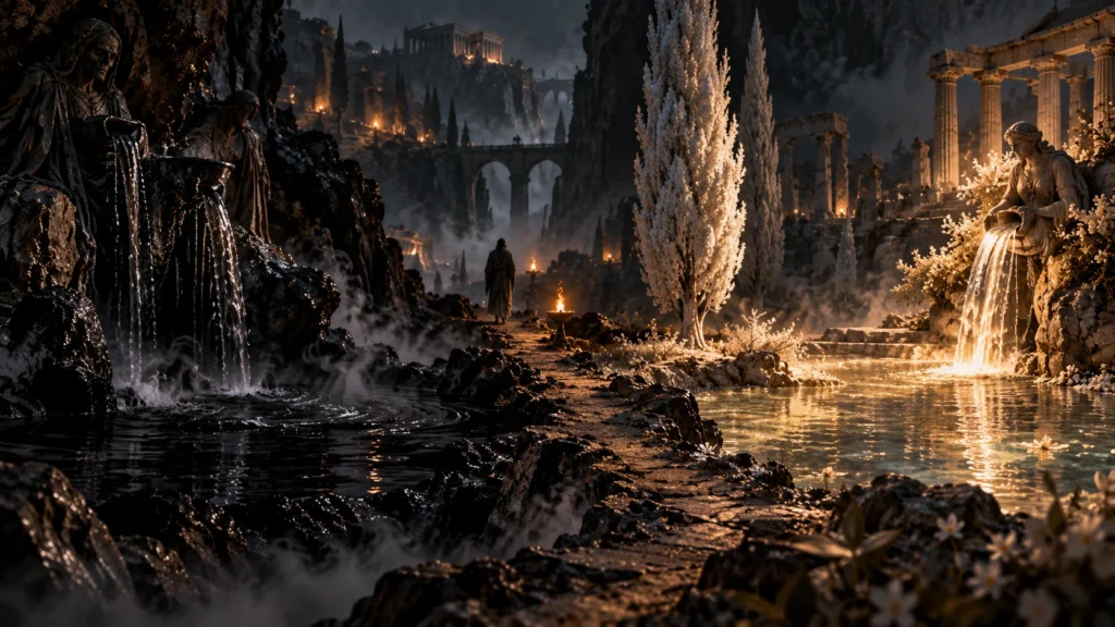Artistic depiction of two springs in the ancient Greek Underworld, one dark and one illuminated, separated by a rocky path and a pale cypress tree.