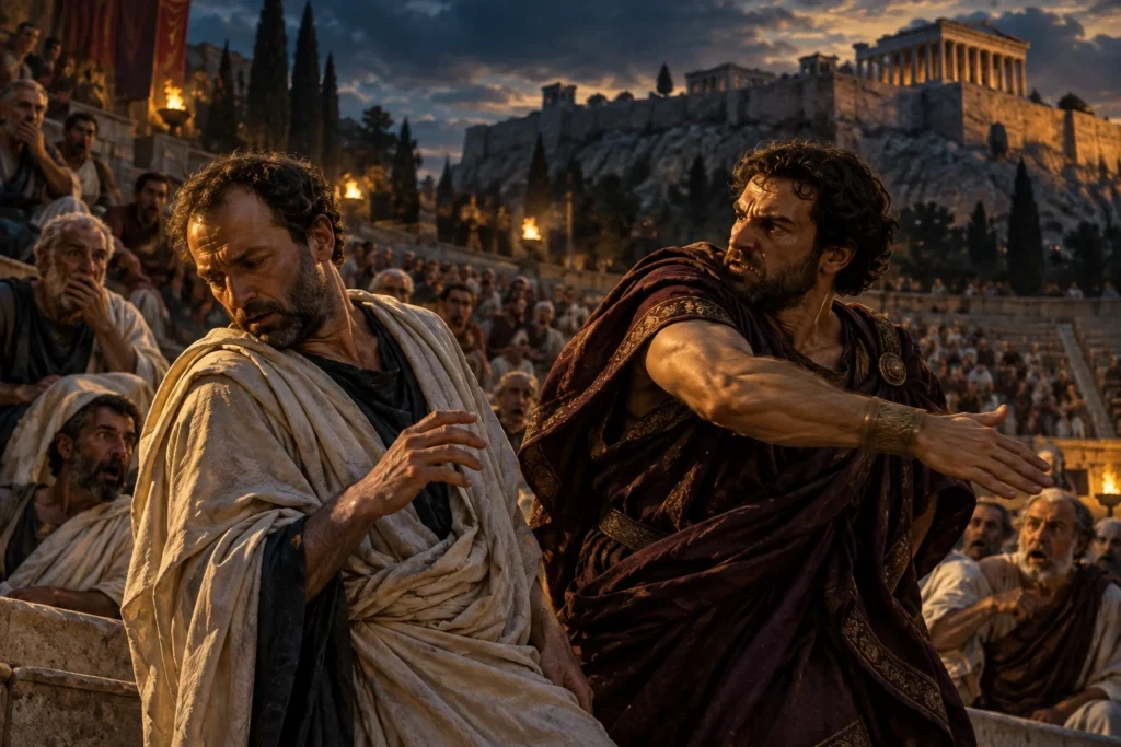 Cinematic reconstruction of Meidias striking Demosthenes before spectators at the Theatre of Dionysus in ancient Athens.