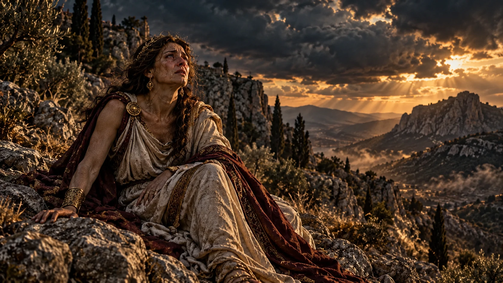 Niobe weeps on a rocky mountainside beneath storm clouds in a cinematic interpretation of the ancient Greek myth.