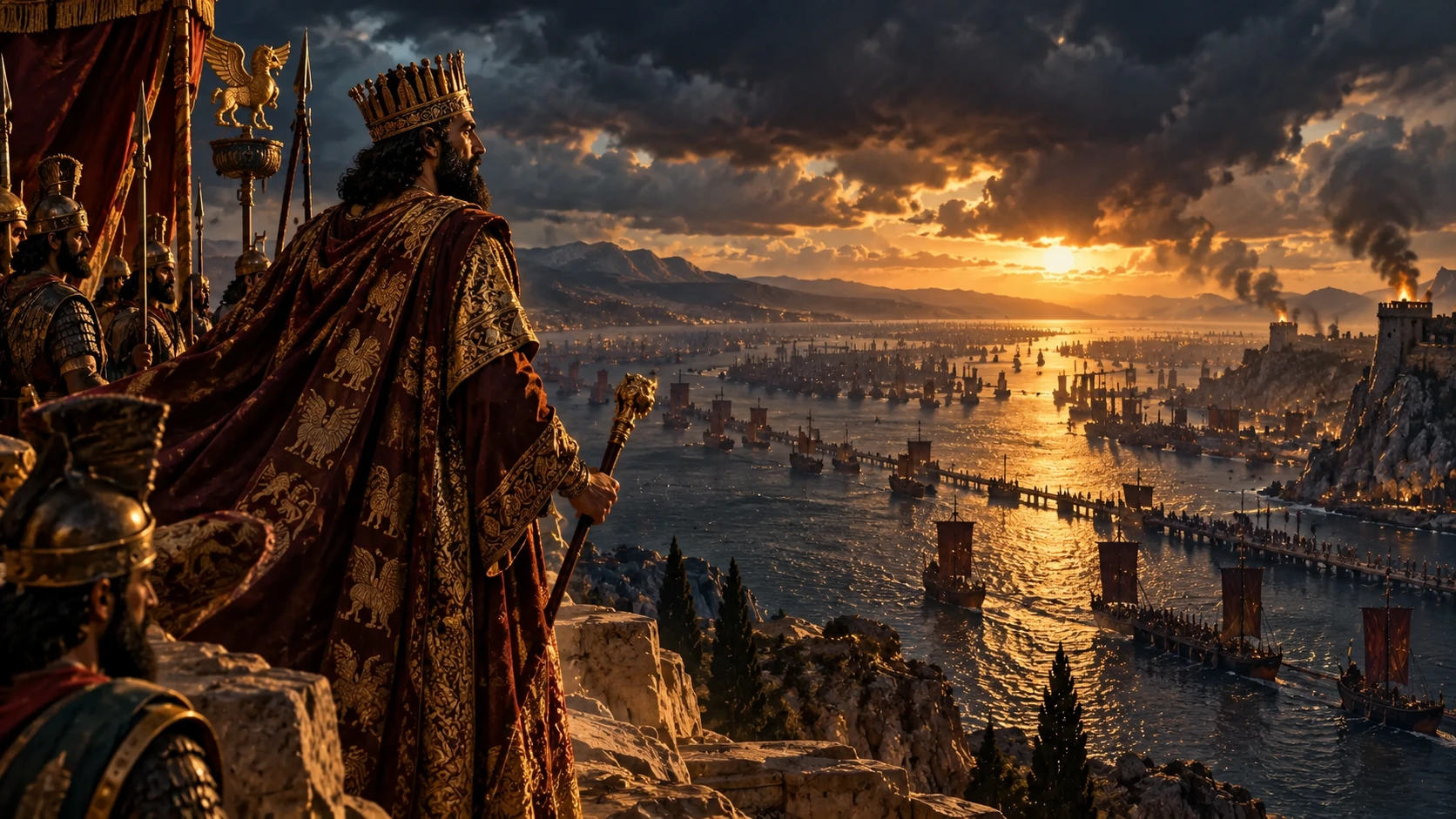 Persian king Xerxes surveys a vast fleet and crossing at the Hellespont beneath a dramatic sunset.